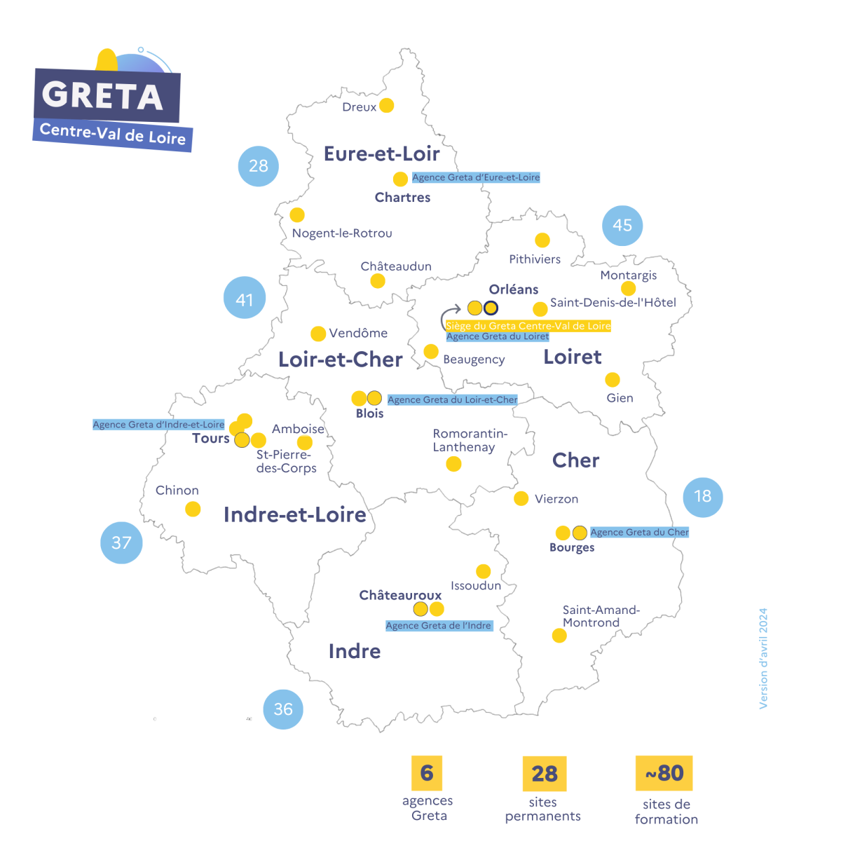 Carte des sites du Greta Centre-Val de Loire